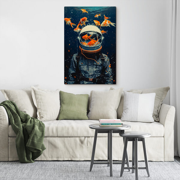 Space helmet filled with swimming fish Space helmet filled with swimming fish