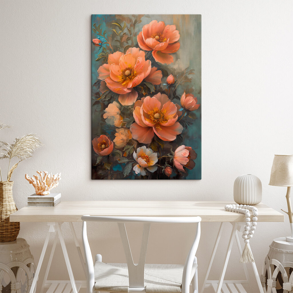 A painting of flowers on a blue background A painting of flowers on a blue background