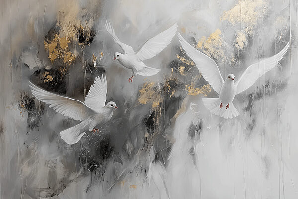 A group of white birds flying