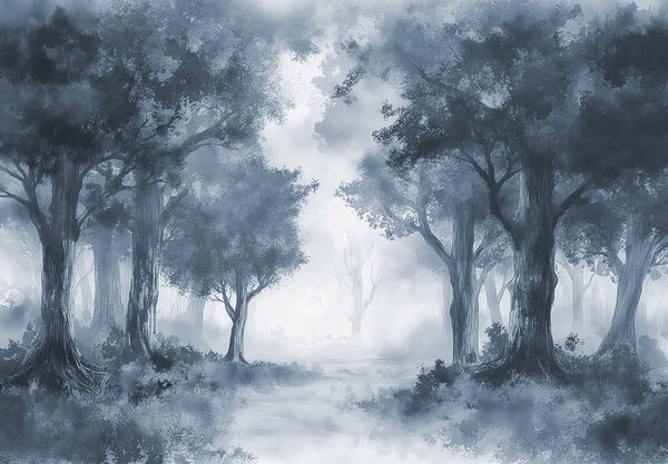 Ein nebliger Wald mit Bäumen und Sträuchern Ein nebliger Wald mit Bäumen und Sträuchern