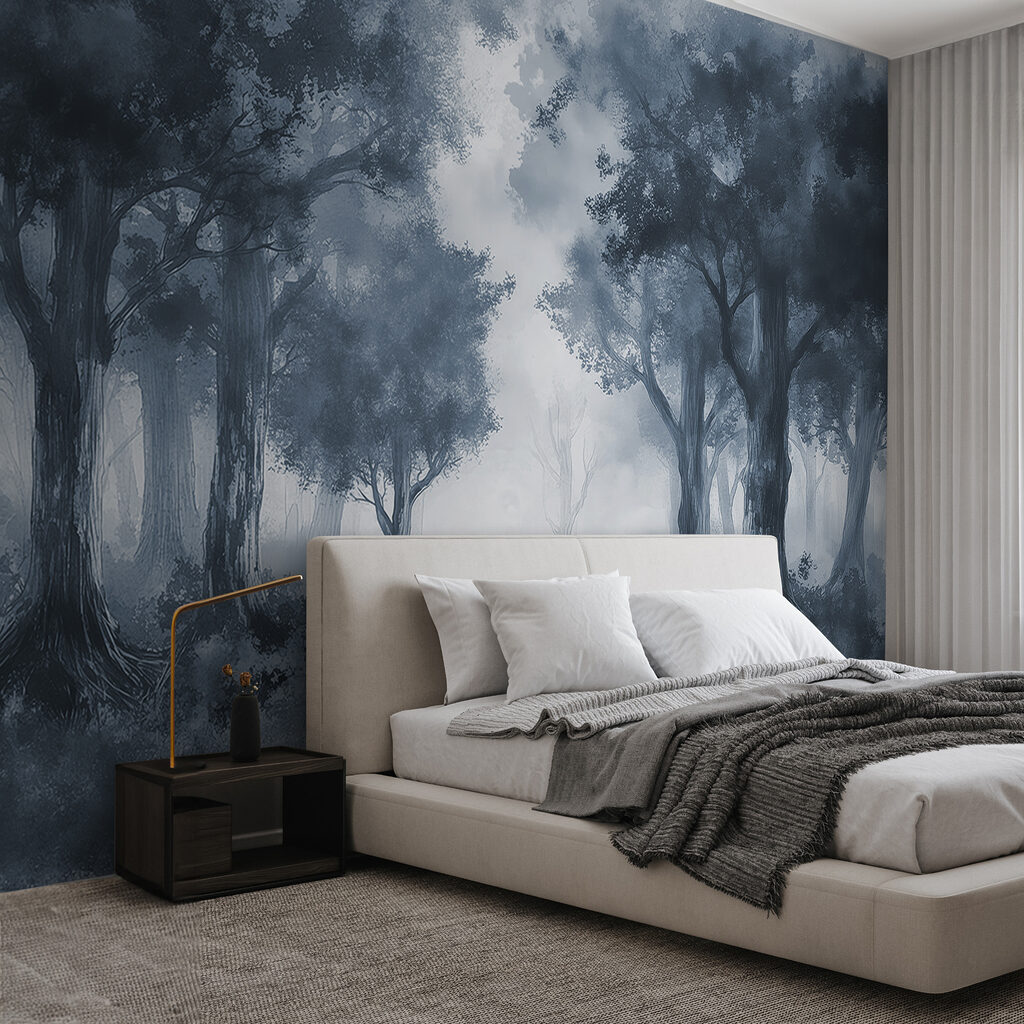 A foggy forest with trees and bushes