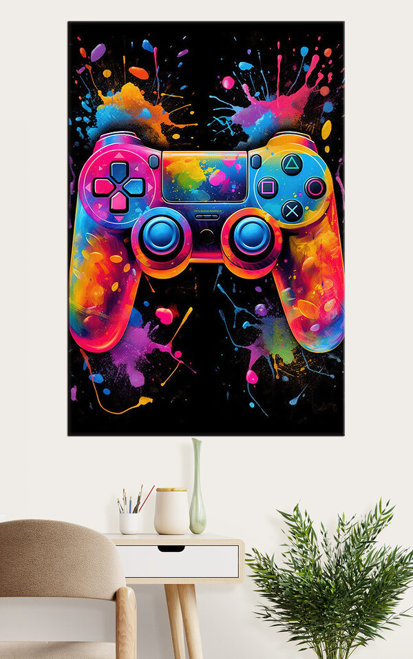 A video game controller with colorful paint splatters A video game controller with colorful paint splatters