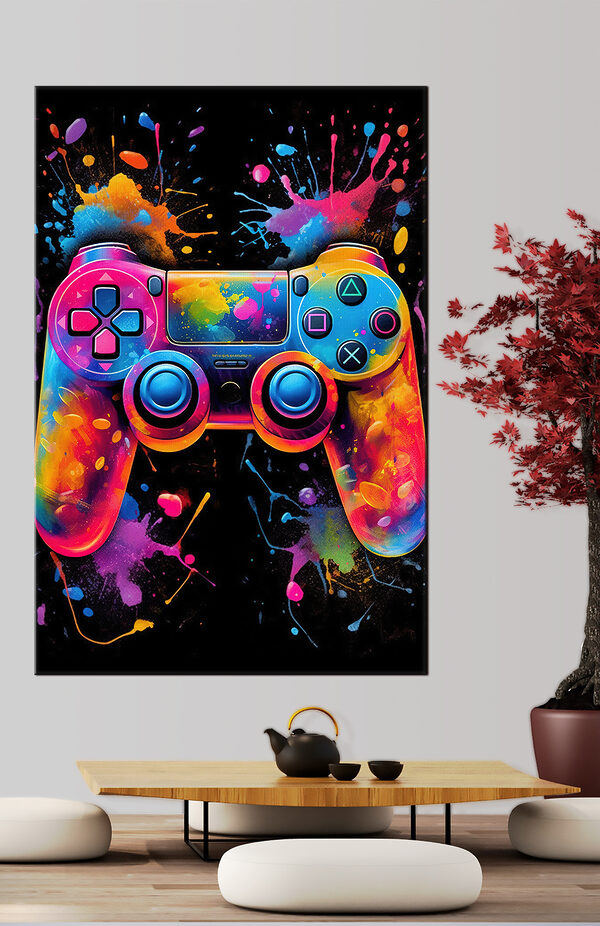 A video game controller with colorful paint splatters A video game controller with colorful paint splatters