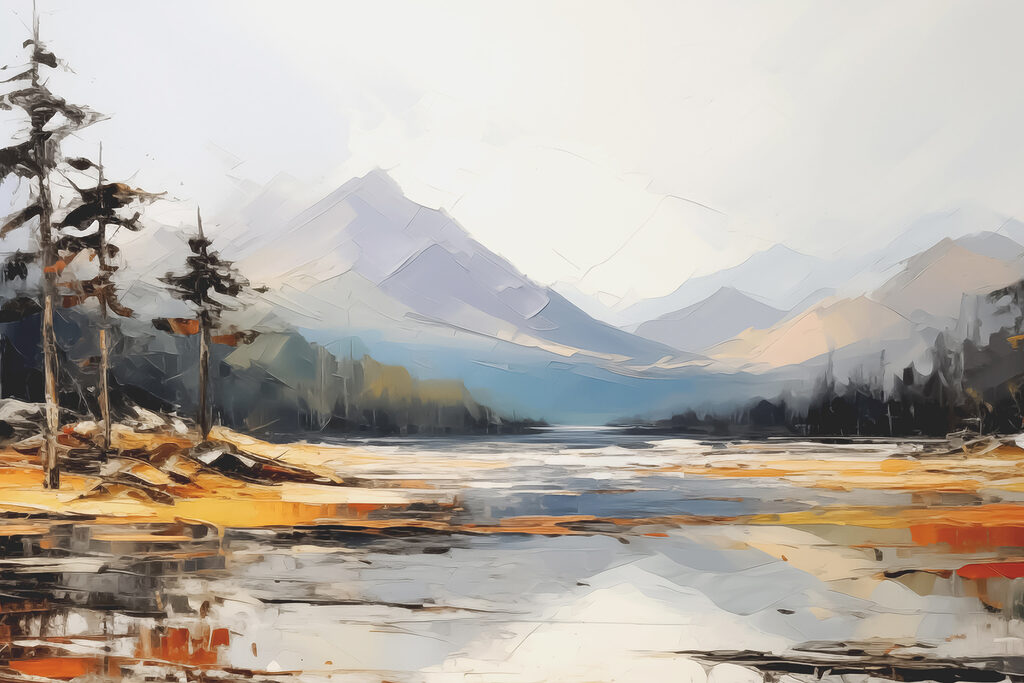 A lake with mountains in the background
