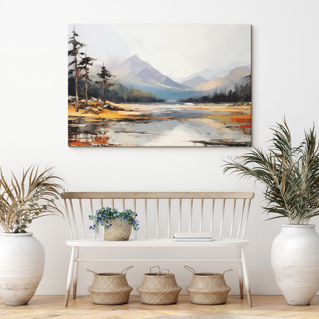 A lake with mountains in the background