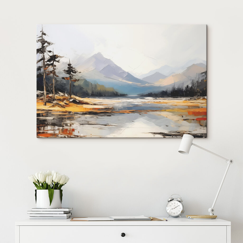 A lake with mountains in the background