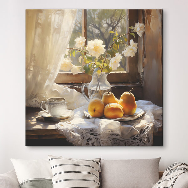 A plate of fruit and a cup on a table next to a vase of flowers A plate of fruit and a cup on a table next to a vase of flowers