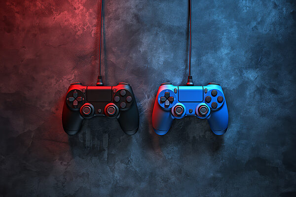 Ein blauer und roter Videospiel-Controller Ein blauer und roter Videospiel-Controller
