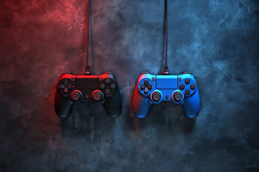 Ein blauer und roter Videospiel-Controller