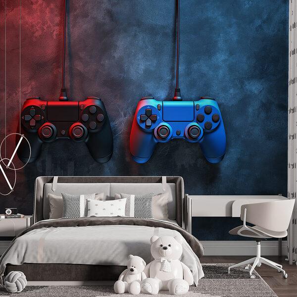 Ein blauer und roter Videospiel-Controller Ein blauer und roter Videospiel-Controller