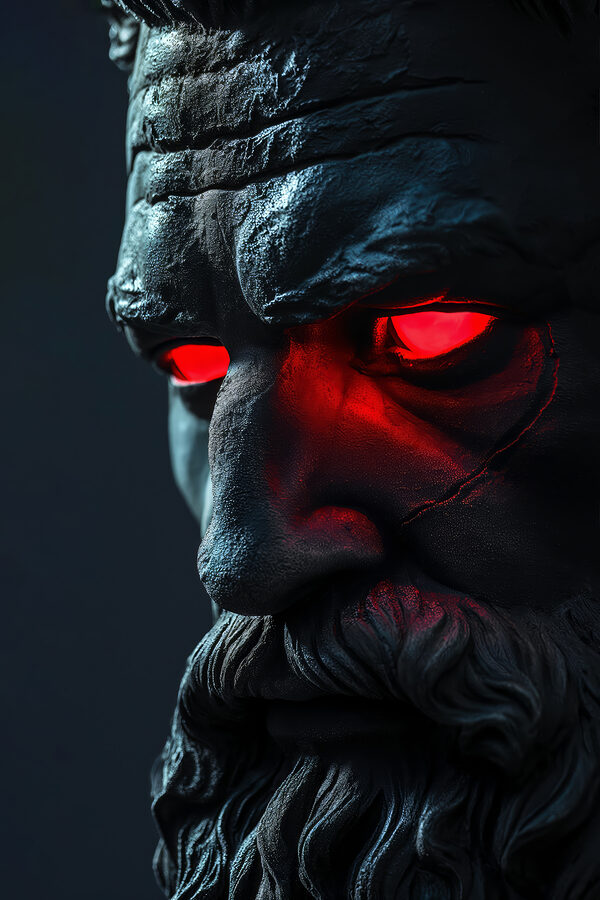 A statue of a man with red eyes
