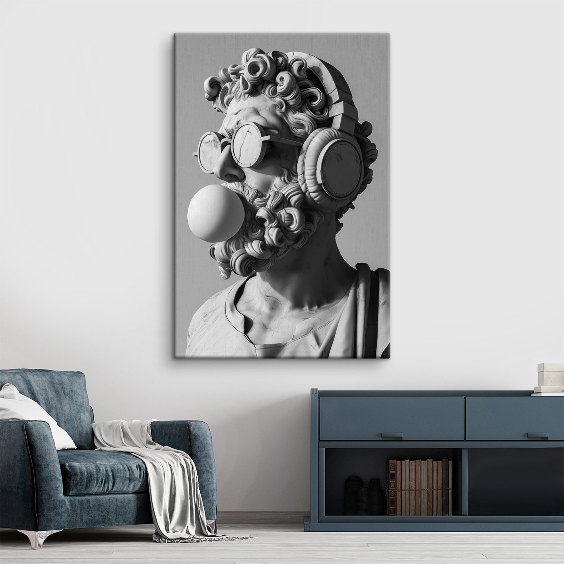 A statue of a man with headphones and a bubble gum