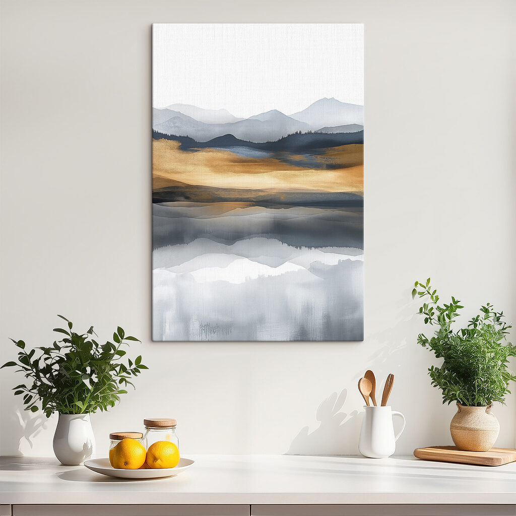 A watercolor painting of mountains and a lake