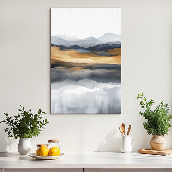 A watercolor painting of mountains and a lake