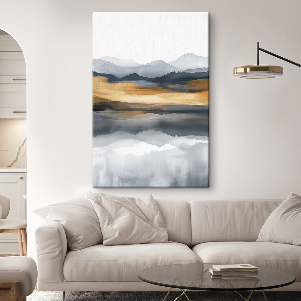 A watercolor painting of mountains and a lake