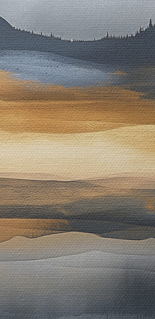 A watercolor painting of mountains and a lake