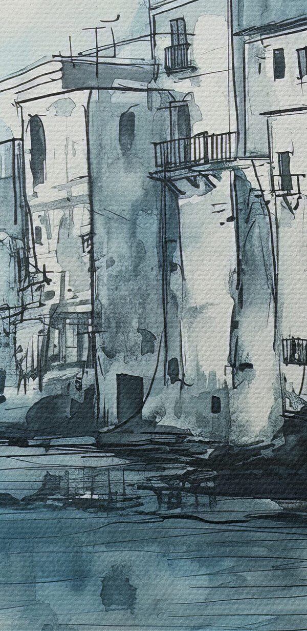 Ein Aquarell eines Gebäudes neben einem Gewässer Ein Aquarell eines Gebäudes neben einem Gewässer
