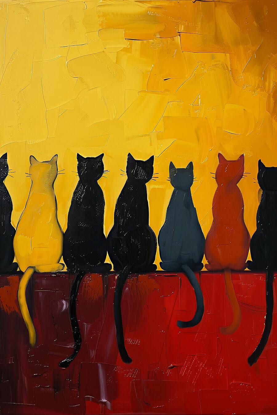 Eine Gruppe von Katzen sitzt auf einer roten Fläche