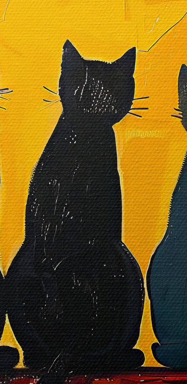 Eine Gruppe von Katzen sitzt auf einer roten Fläche Eine Gruppe von Katzen sitzt auf einer roten Fläche