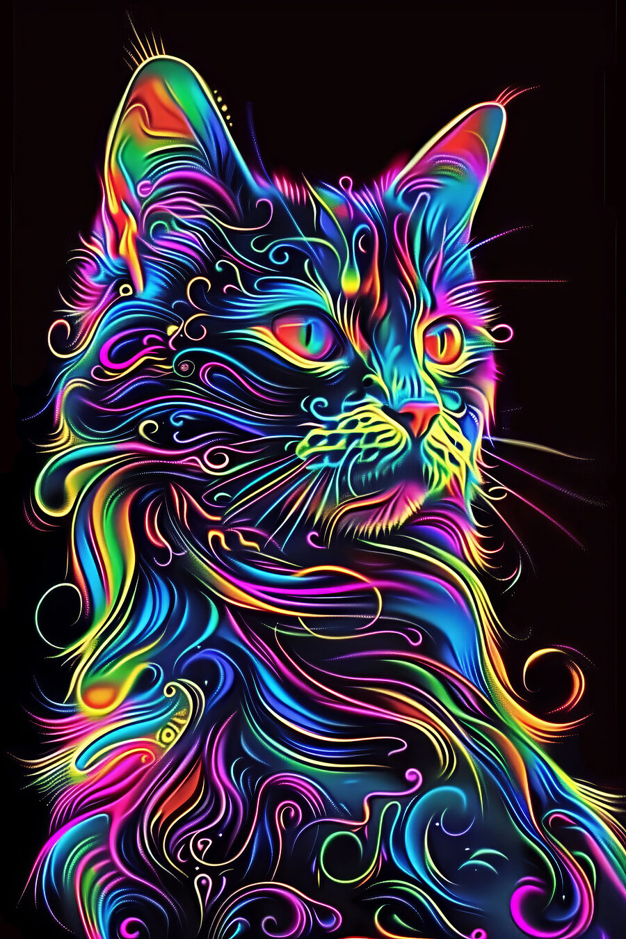 Eine bunte Katze mit schwarzem Hintergrund