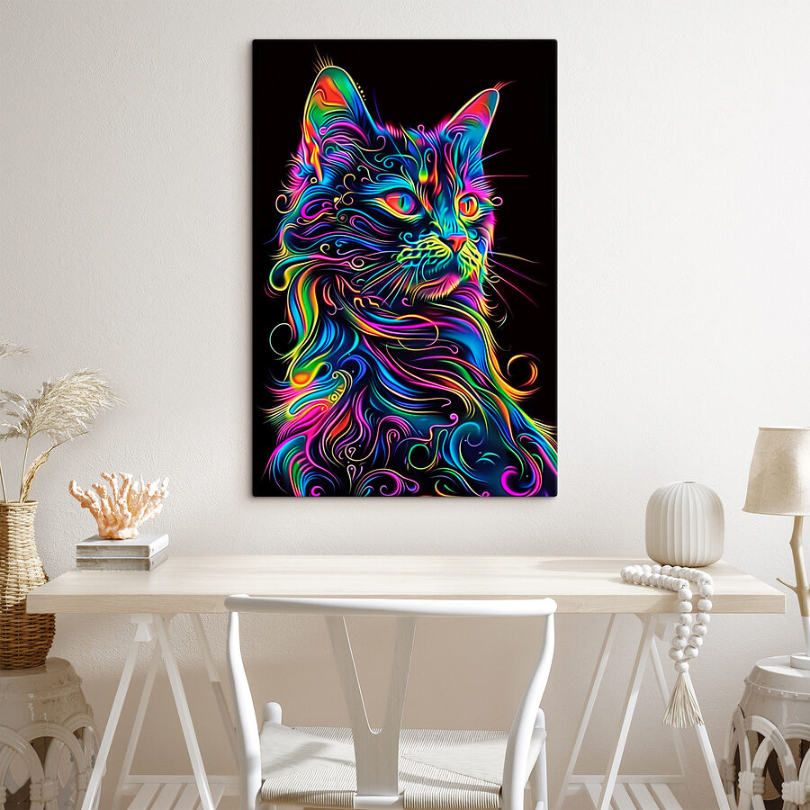 Eine bunte Katze mit schwarzem Hintergrund