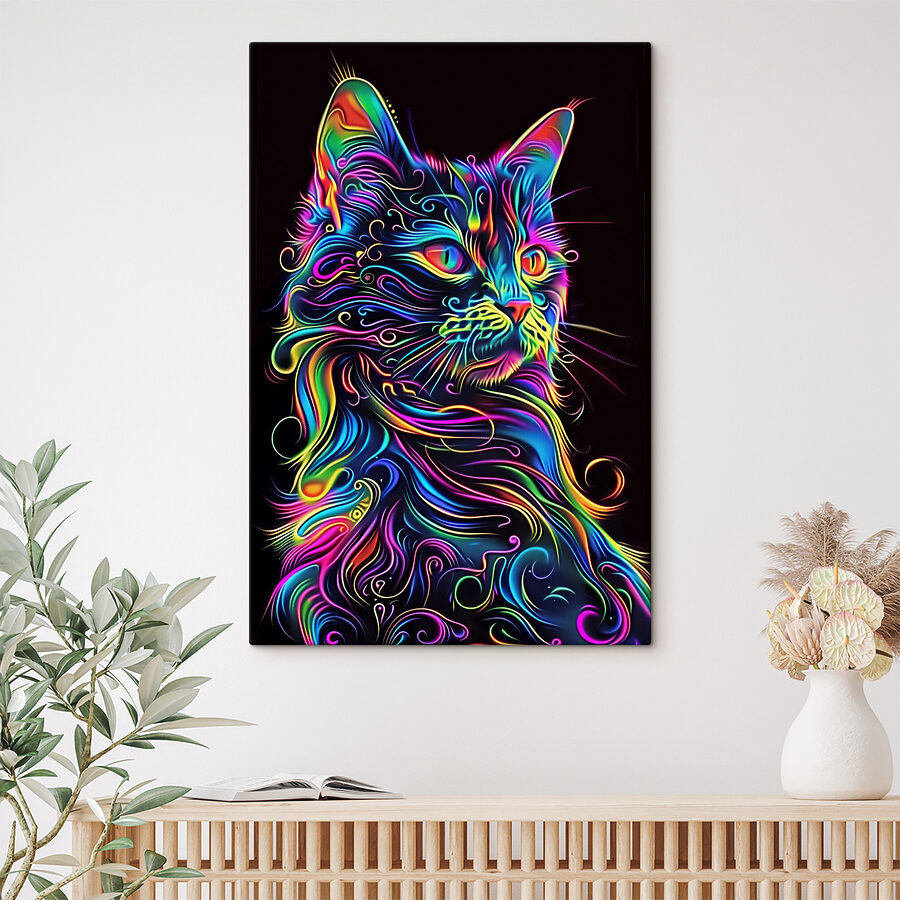 Eine bunte Katze mit schwarzem Hintergrund
