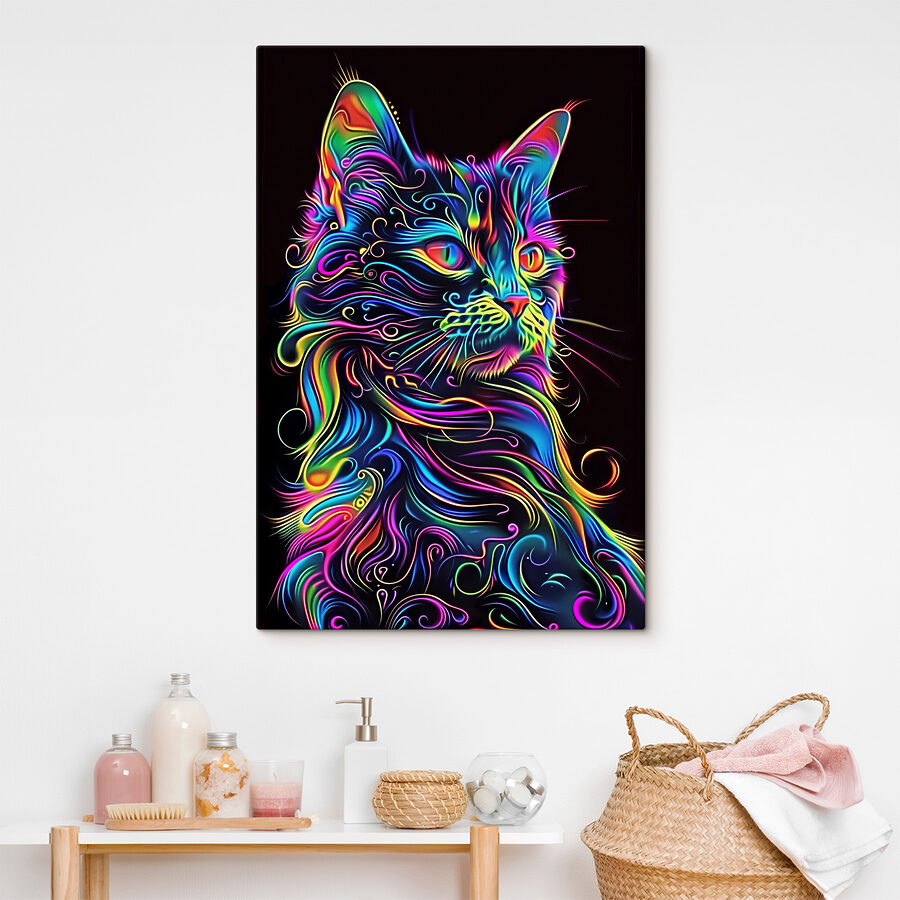 Eine bunte Katze mit schwarzem Hintergrund