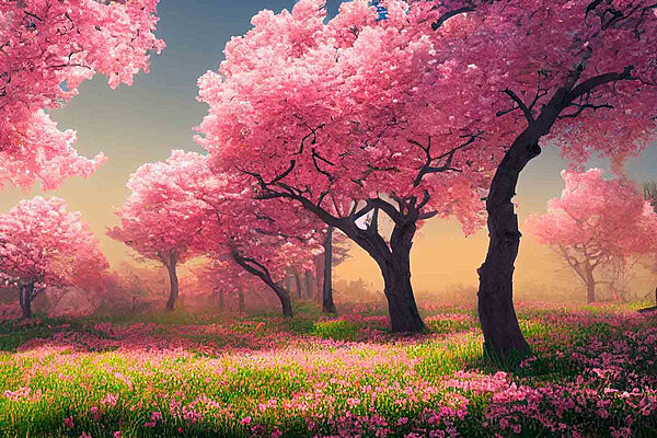 Ein Feld mit rosa Blumen und Bäumen Ein Feld mit rosa Blumen und Bäumen