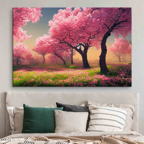 Ein Feld mit rosa Blumen und Bäumen Ein Feld mit rosa Blumen und Bäumen