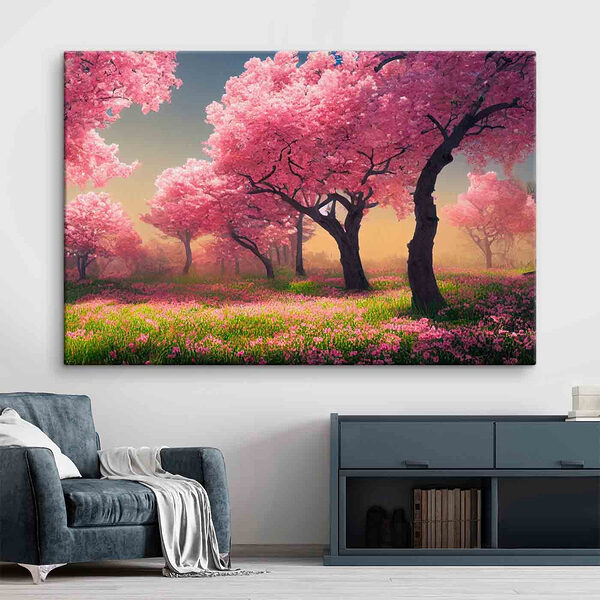 Ein Feld mit rosa Blumen und Bäumen Ein Feld mit rosa Blumen und Bäumen