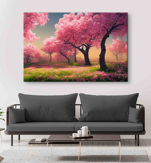 Ein Feld mit rosa Blumen und Bäumen Ein Feld mit rosa Blumen und Bäumen