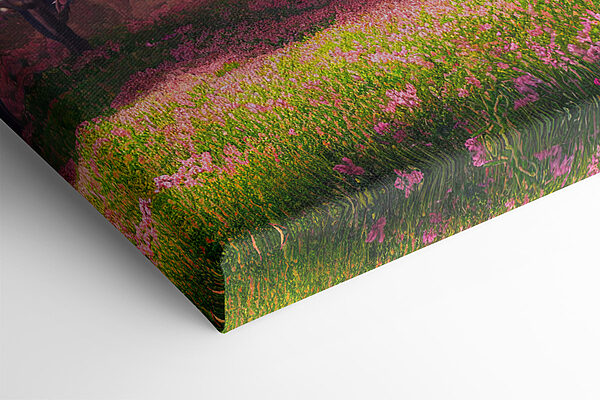 Ein Feld mit rosa Blumen und Bäumen Ein Feld mit rosa Blumen und Bäumen