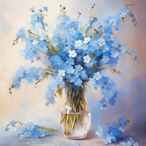 Ein Gemälde mit blauen Blumen in einer Vase Ein Gemälde mit blauen Blumen in einer Vase
