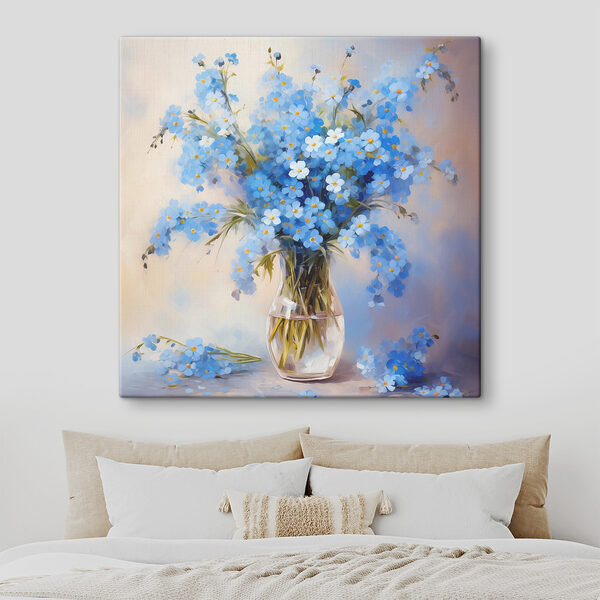 Ein Gemälde mit blauen Blumen in einer Vase Ein Gemälde mit blauen Blumen in einer Vase