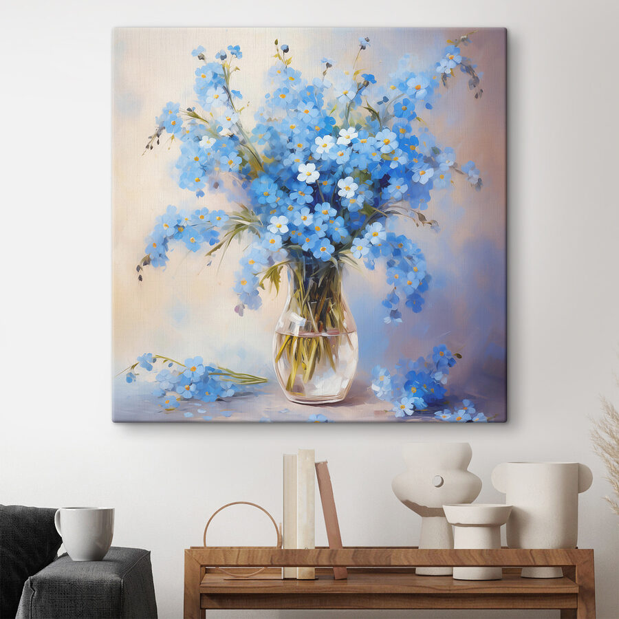 Ein Gemälde mit blauen Blumen in einer Vase