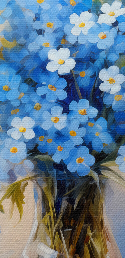 A painting of blue flowers in a vase
