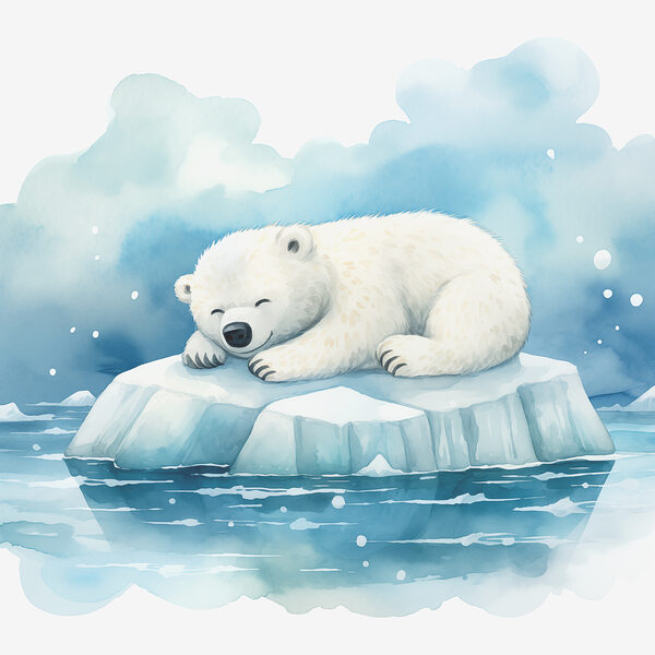 Ein Eisbär, der auf einem Eisberg im Wasser liegt Ein Eisbär, der auf einem Eisberg im Wasser liegt