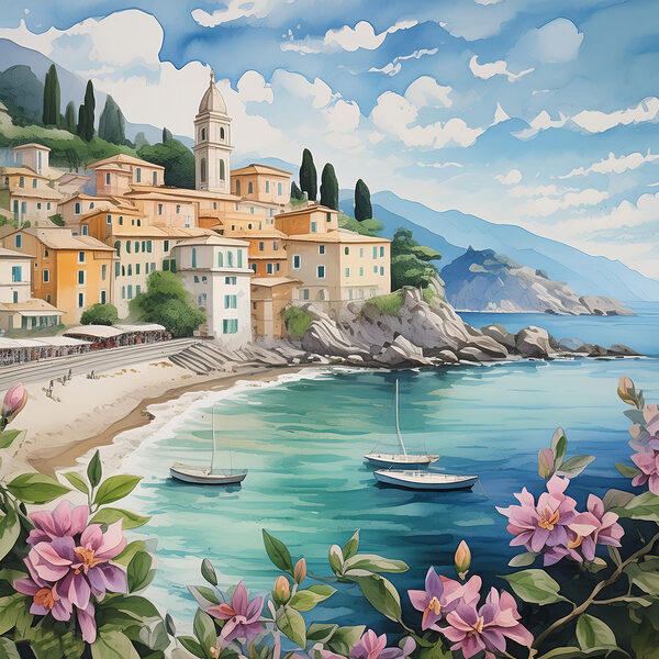 Ein Gemälde einer Stadt am Strand mit Booten und Blumen Ein Gemälde einer Stadt am Strand mit Booten und Blumen