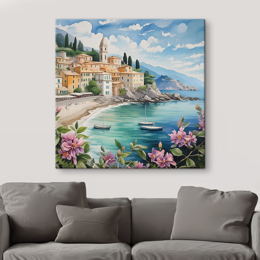 Ein Gemälde einer Stadt am Strand mit Booten und Blumen