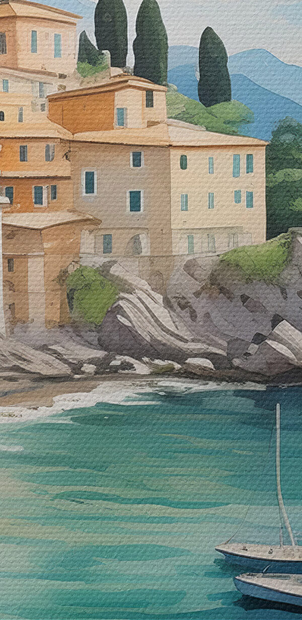 Ein Gemälde einer Stadt am Strand mit Booten und Blumen Ein Gemälde einer Stadt am Strand mit Booten und Blumen