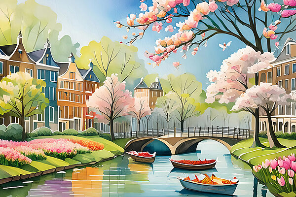 A painting of a river with boats and a bridge and trees A painting of a river with boats and a bridge and trees