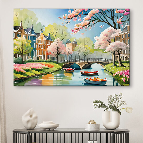 A painting of a river with boats and a bridge and trees A painting of a river with boats and a bridge and trees