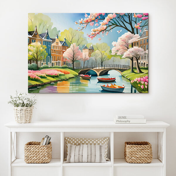 A painting of a river with boats and a bridge and trees A painting of a river with boats and a bridge and trees