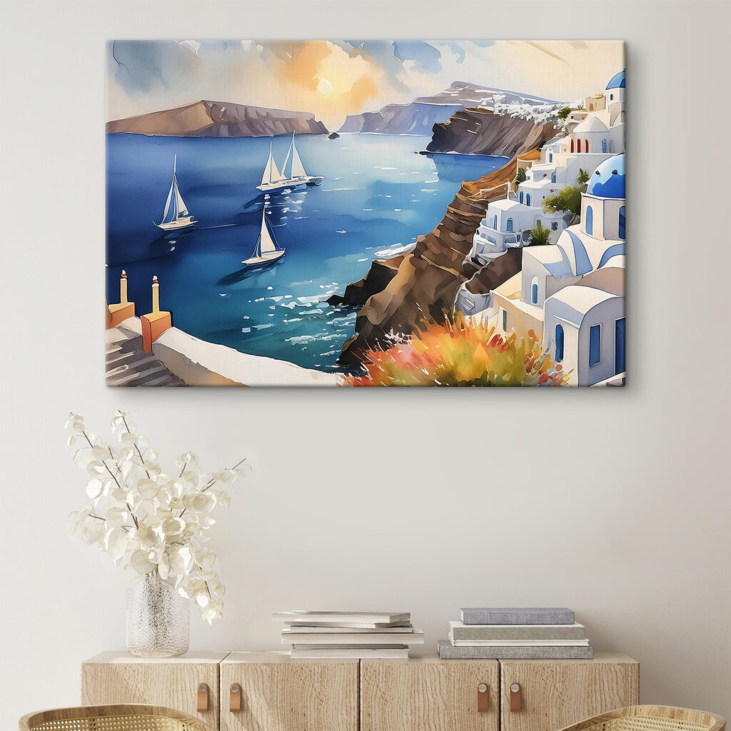 A painting of a sea with boats and buildings A painting of a sea with boats and buildings