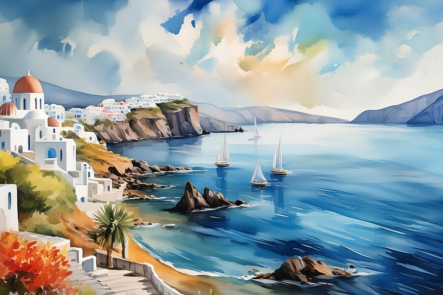 Ein Aquarell einer Stadt auf einer Klippe
