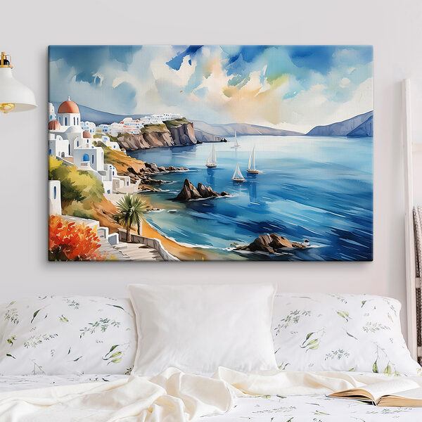 Ein Aquarell einer Stadt auf einer Klippe Ein Aquarell einer Stadt auf einer Klippe