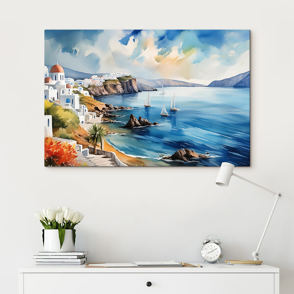 Ein Aquarell einer Stadt auf einer Klippe Ein Aquarell einer Stadt auf einer Klippe