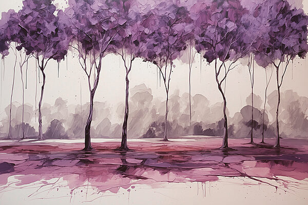 A painting of trees with purple leaves