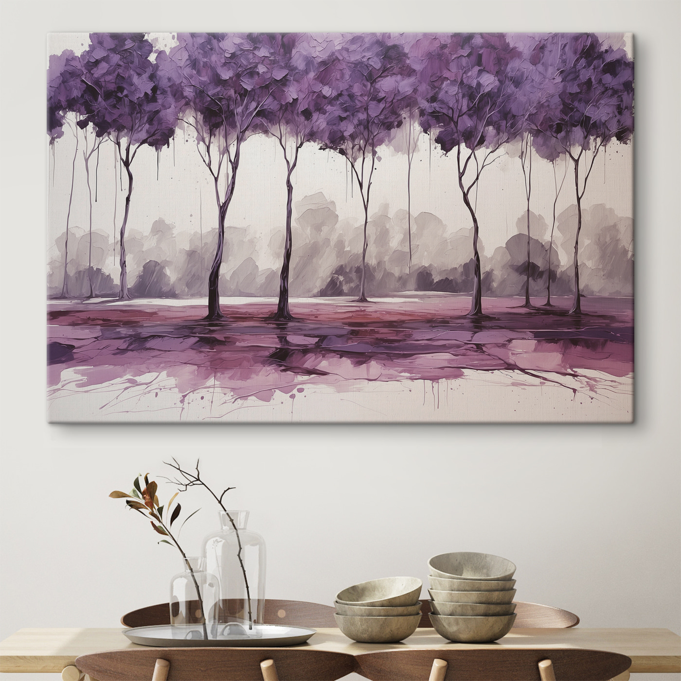 A painting of trees with purple leaves