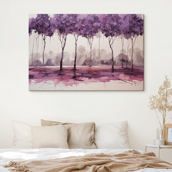 A painting of trees with purple leaves